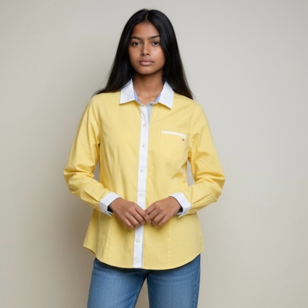 Tommy Hilfiger Yellow Plaid Accent Shirt preppy women’s XL button down